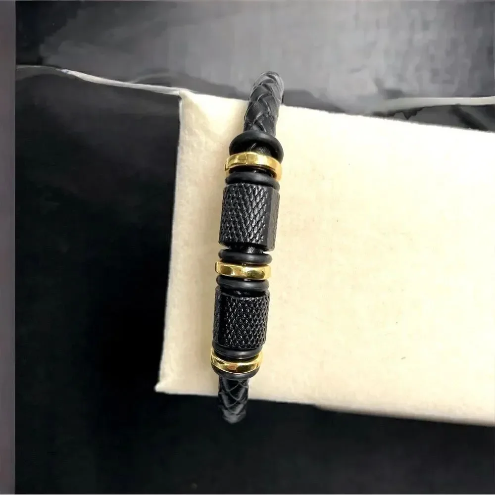 Men’s Leather Bracelet l Braided Beaded w/ Gold Accent l Magnetic Closure l New